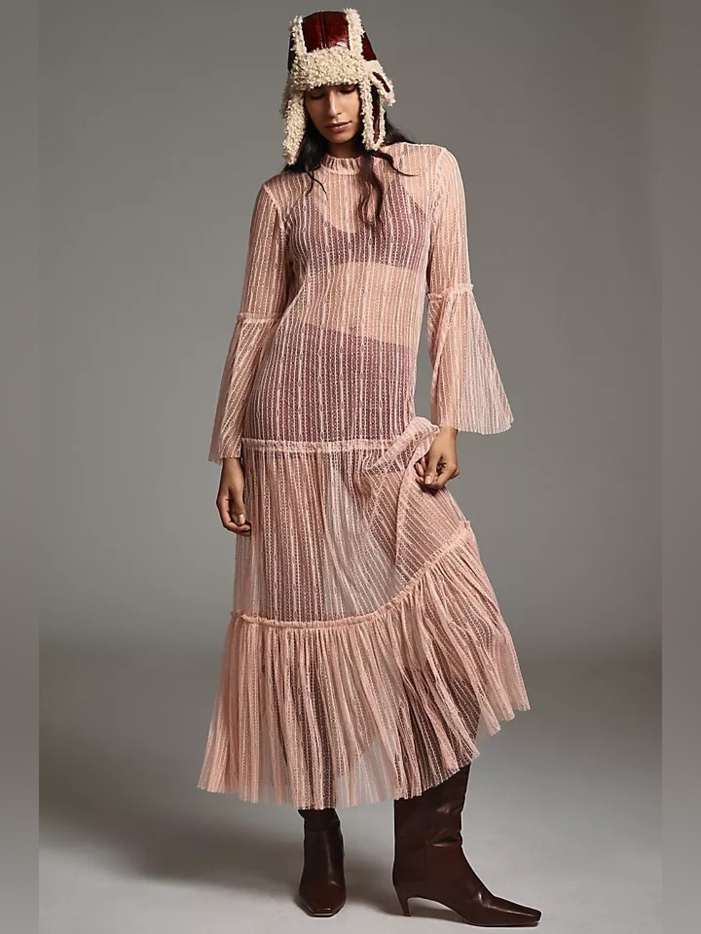 Anthropologie Blush Pink Sheer Pleated Maxi Dress / Tunic